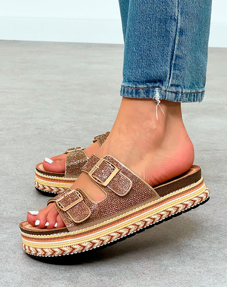Mules Plateforme Femme Rose Gold Scintillantes avec Détails Tissés Multicolores
