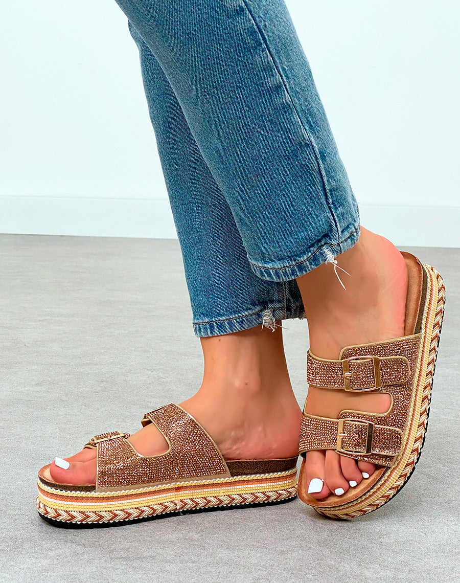 Mules Plateforme Femme Rose Gold Scintillantes avec Détails Tissés Multicolores