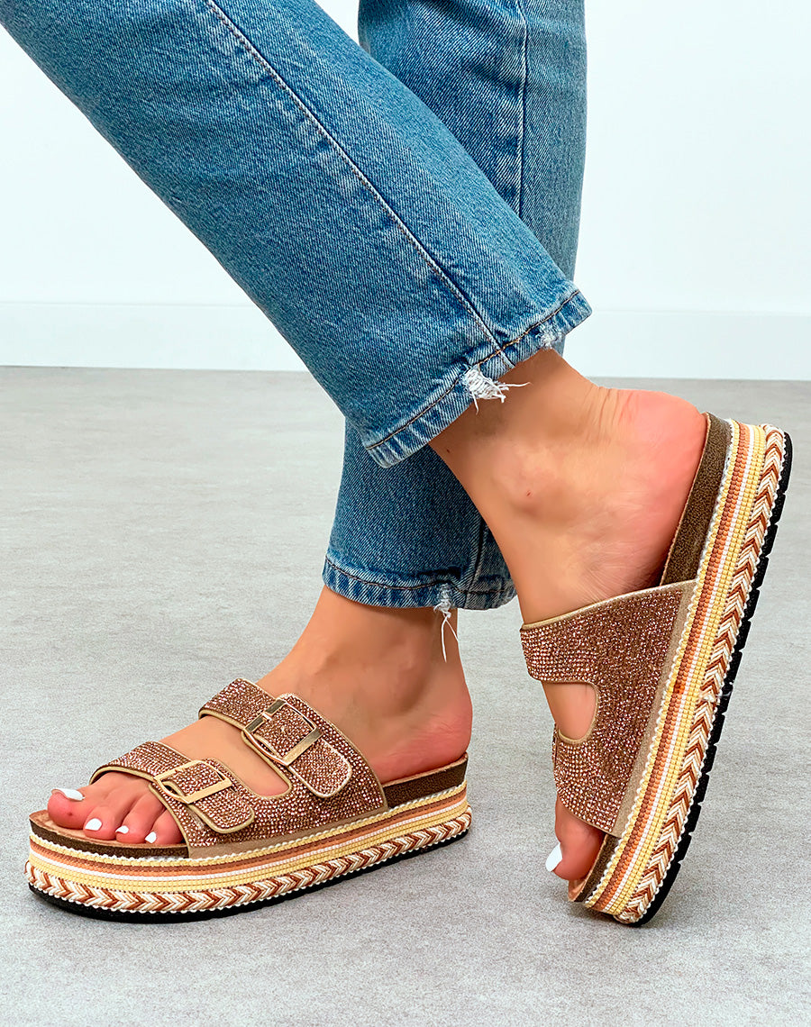 Mules Plateforme Femme Rose Gold Scintillantes avec Détails Tissés Multicolores