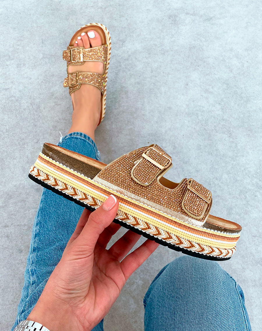 Mules Plateforme Femme Rose Gold Scintillantes avec Détails Tissés Multicolores