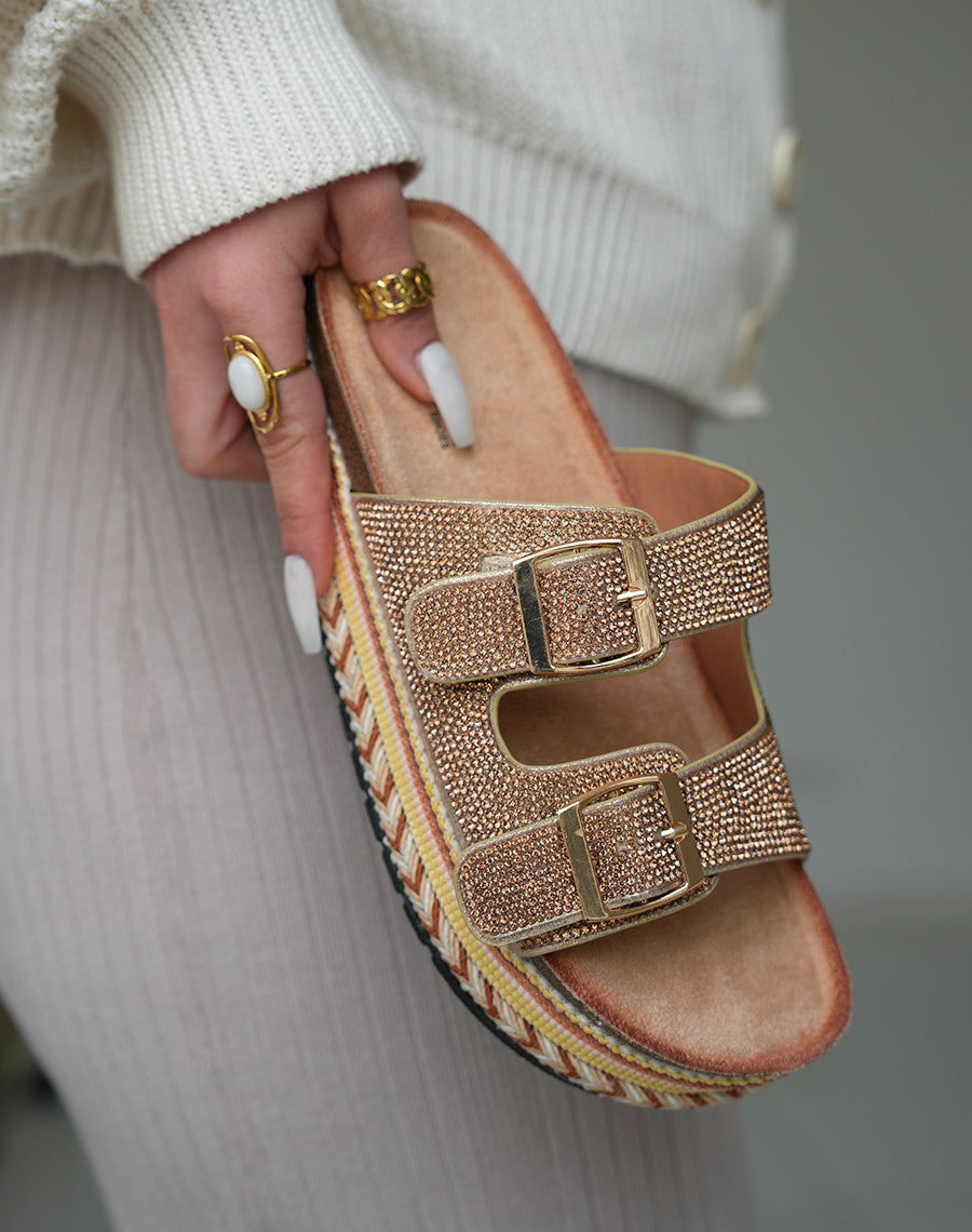 Mules Plateforme Femme Rose Gold Scintillantes avec Détails Tissés Multicolores