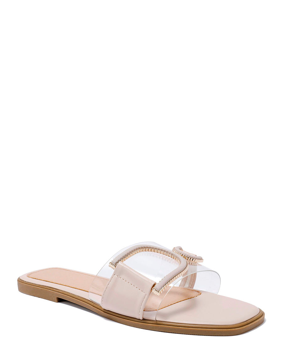 Mules plates beiges à bride transparente et bijoux doré