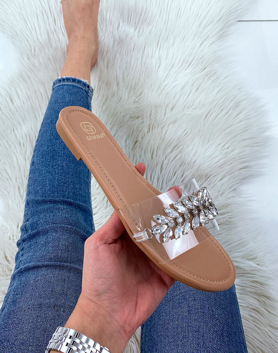 Mules plates beiges à détail en bijou argenté en forme de feuille