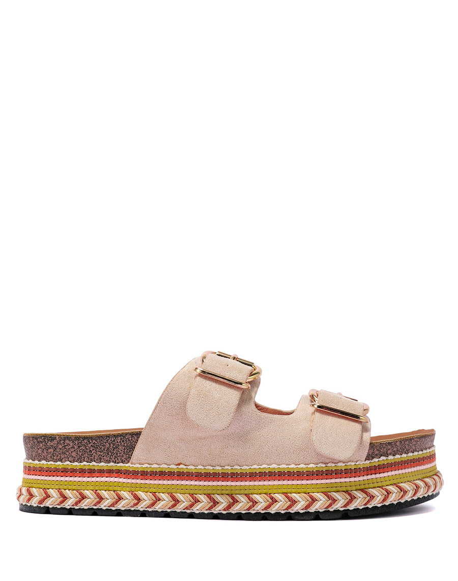 Mules plates beiges à double bride et semelle aztèque