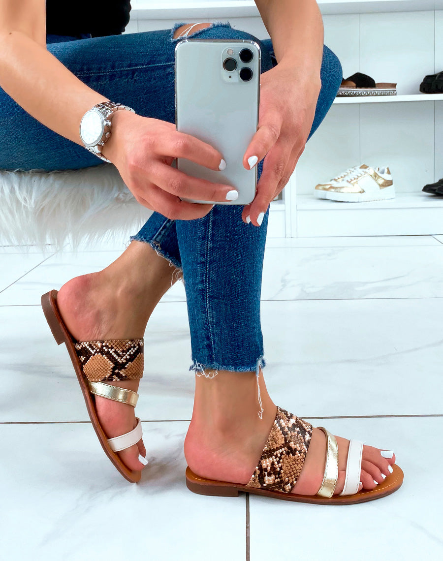 Mules plates beiges à triple brides