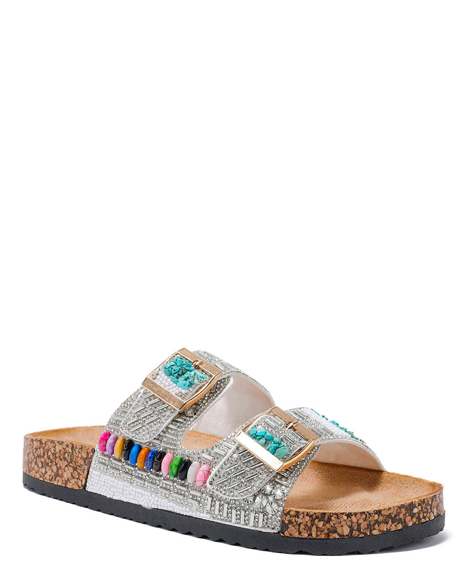 Mules plates blanches à multiples bijoux colorés