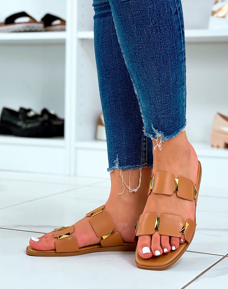 Mules plates camel à double brides épaisses