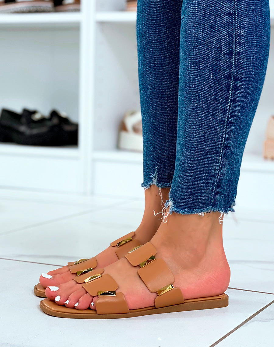 Mules plates camel à double brides épaisses