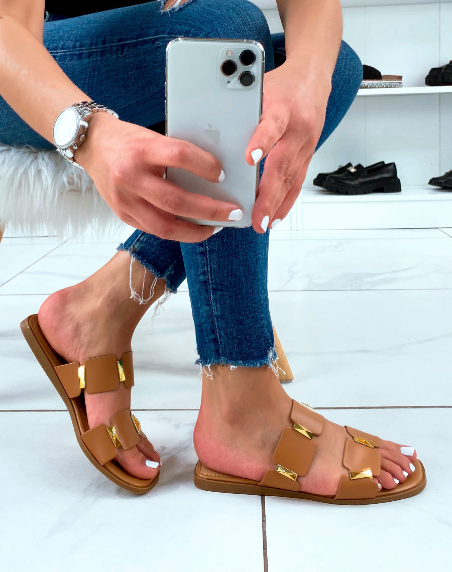 Mules plates camel à double brides épaisses