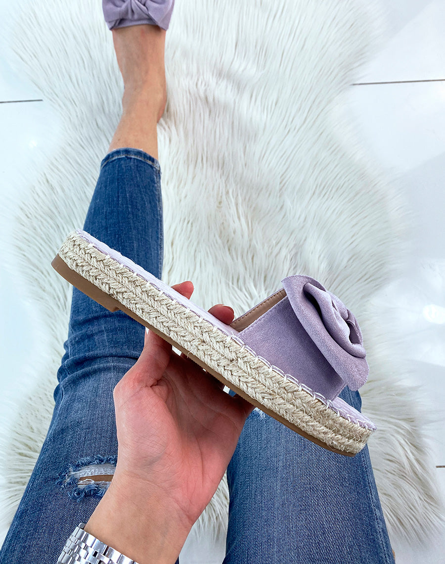 Mules plates en suédine lila en forme de nœud