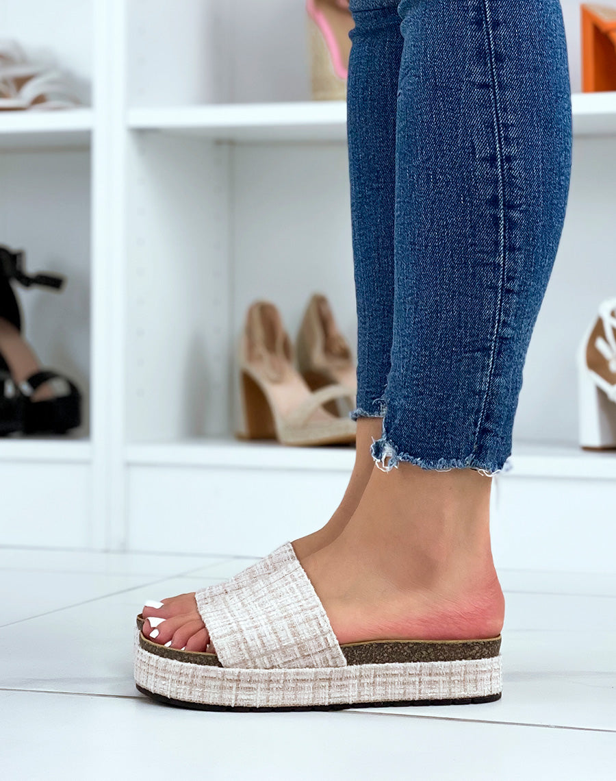 Mules plates en tweed beige