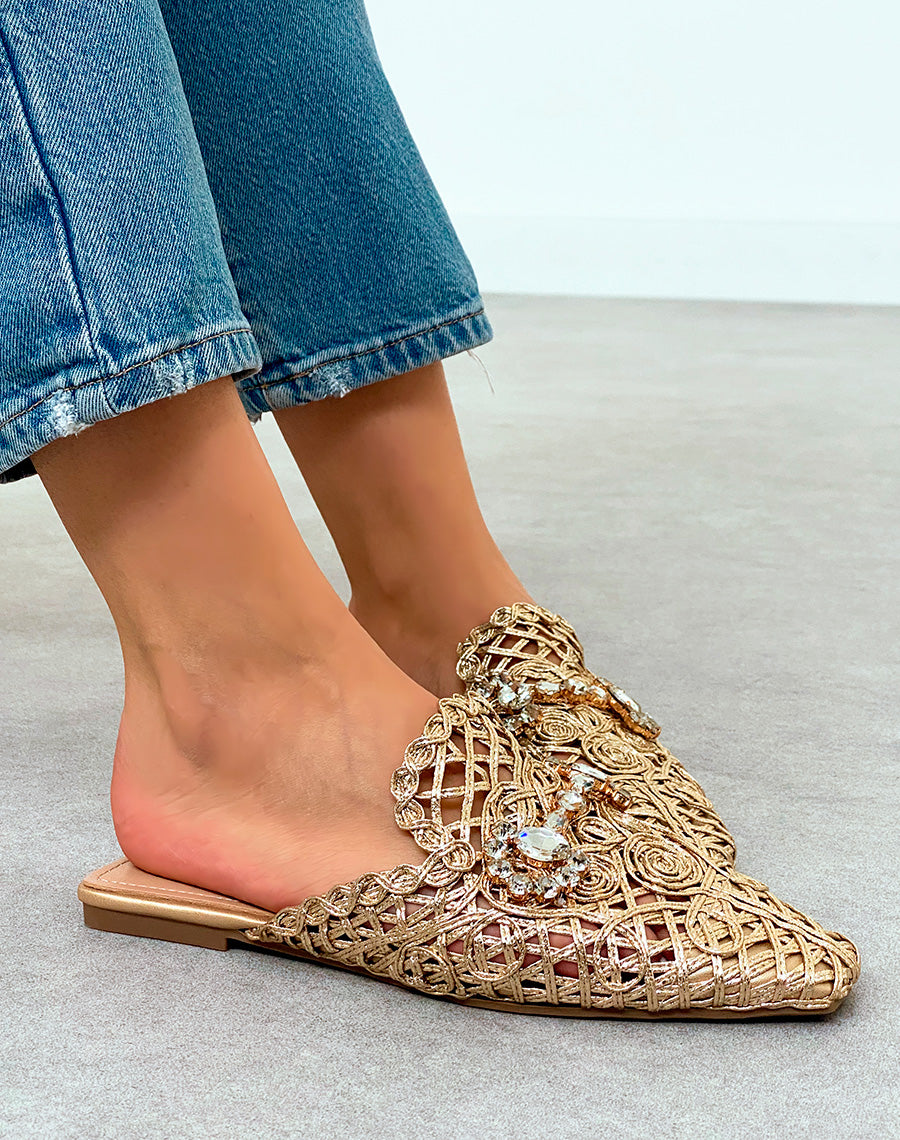Mules Plates Femme Dorées en Corde avec Bijoux – Luxe Artisanal au Quotidien