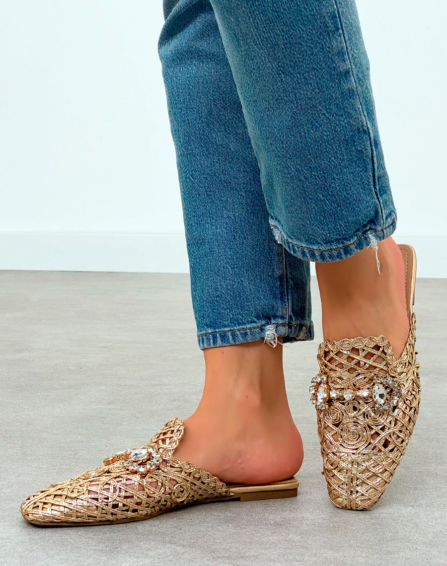 Mules Plates Femme Dorées en Corde avec Bijoux – Luxe Artisanal au Quotidien