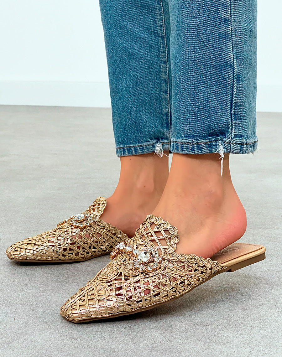 Mules Plates Femme Dorées en Corde avec Bijoux – Luxe Artisanal au Quotidien