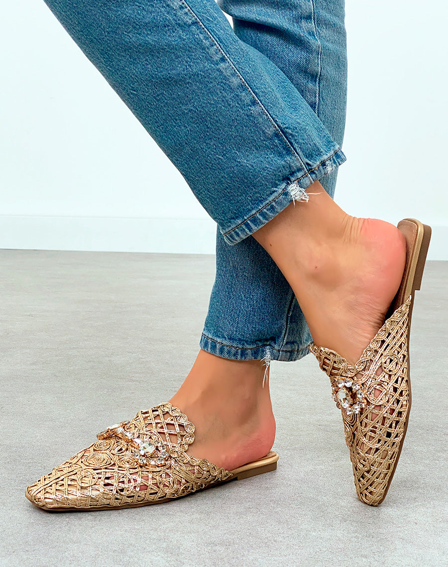 Mules Plates Femme Dorées en Corde avec Bijoux – Luxe Artisanal au Quotidien