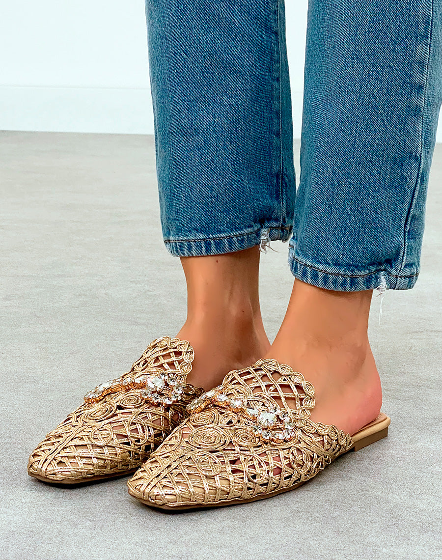 Mules Plates Femme Dorées en Corde avec Bijoux – Luxe Artisanal au Quotidien