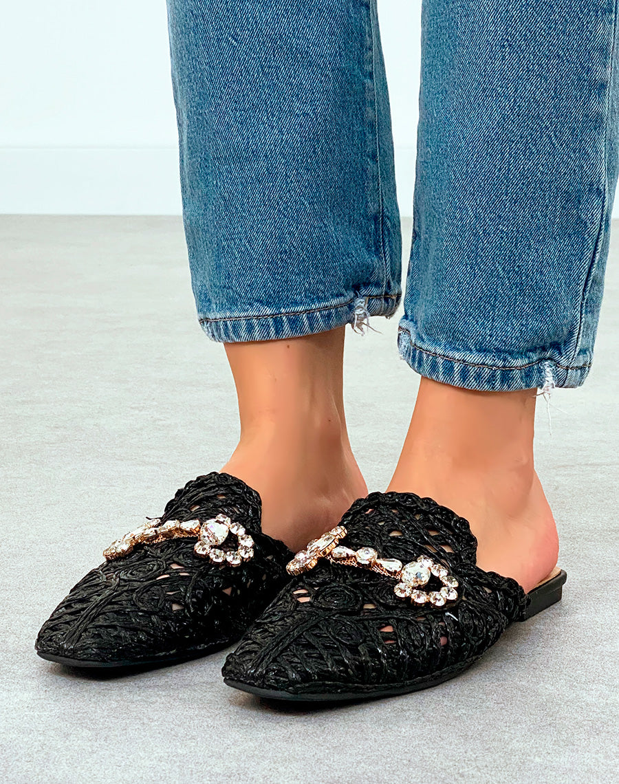 Mules Plates Femme Noires en Corde avec Détails Bijoux – Charme Artisanal