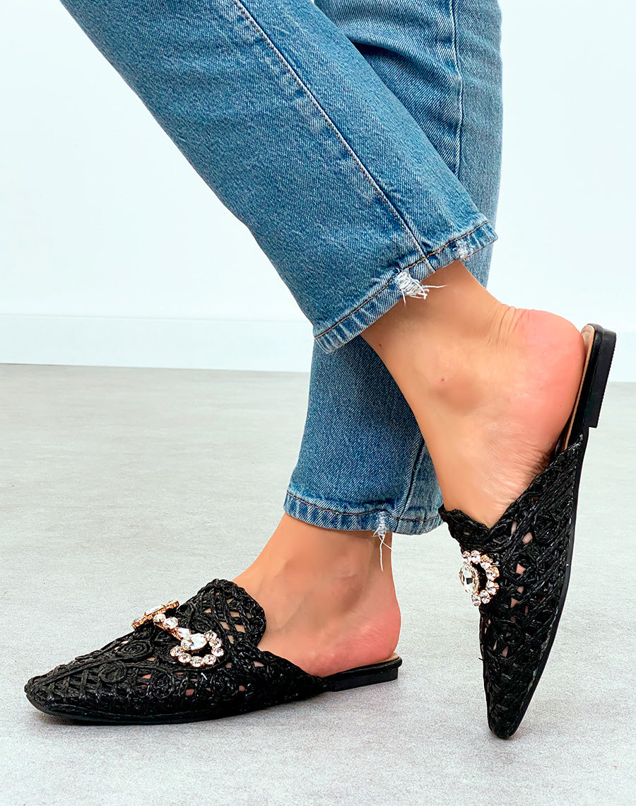 Mules Plates Femme Noires en Corde avec Détails Bijoux – Charme Artisanal