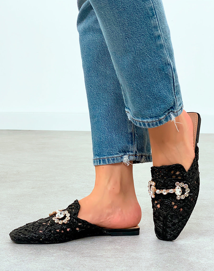 Mules Plates Femme Noires en Corde avec Détails Bijoux – Charme Artisanal