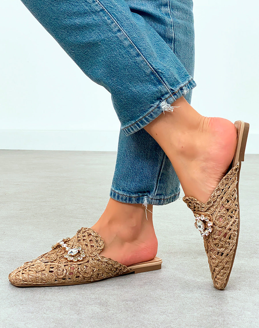 Mules Plates Femme Taupe en Corde avec Détails Bijoux – Fusion d'Artisanat et de Glamour