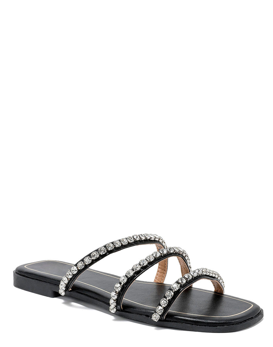 Mules plates noires à triple brides à strass