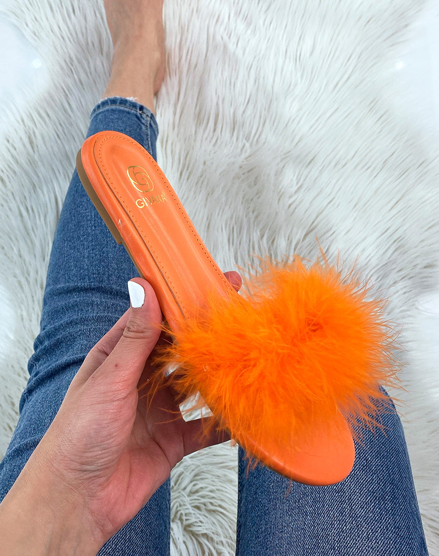 Mules plates oranges à plumes