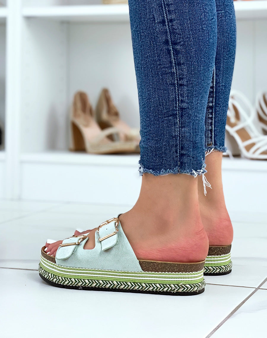 Mules plates vert d?eau ? double bride et semelle azt?que