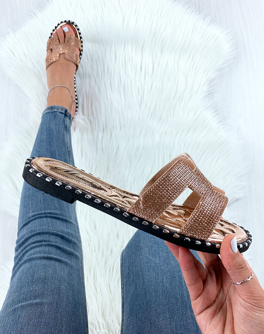 Mules roses dorées à strass