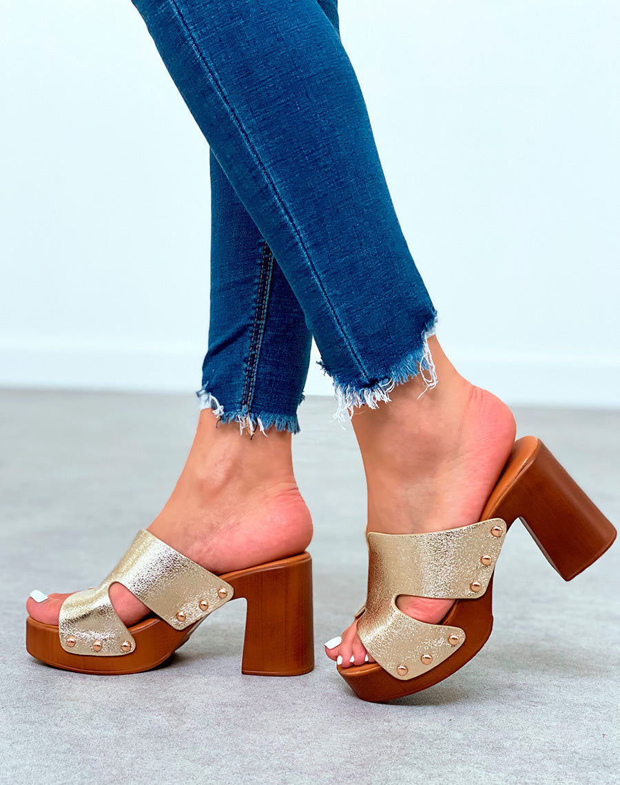 Mules sabots dorés à talons carrés pour femme