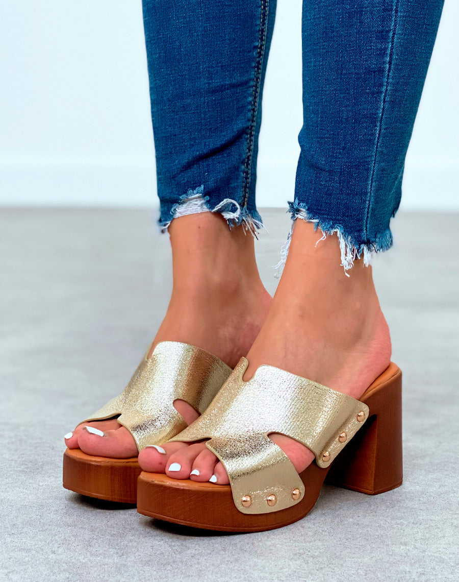 Mules sabots dorés à talons carrés pour femme