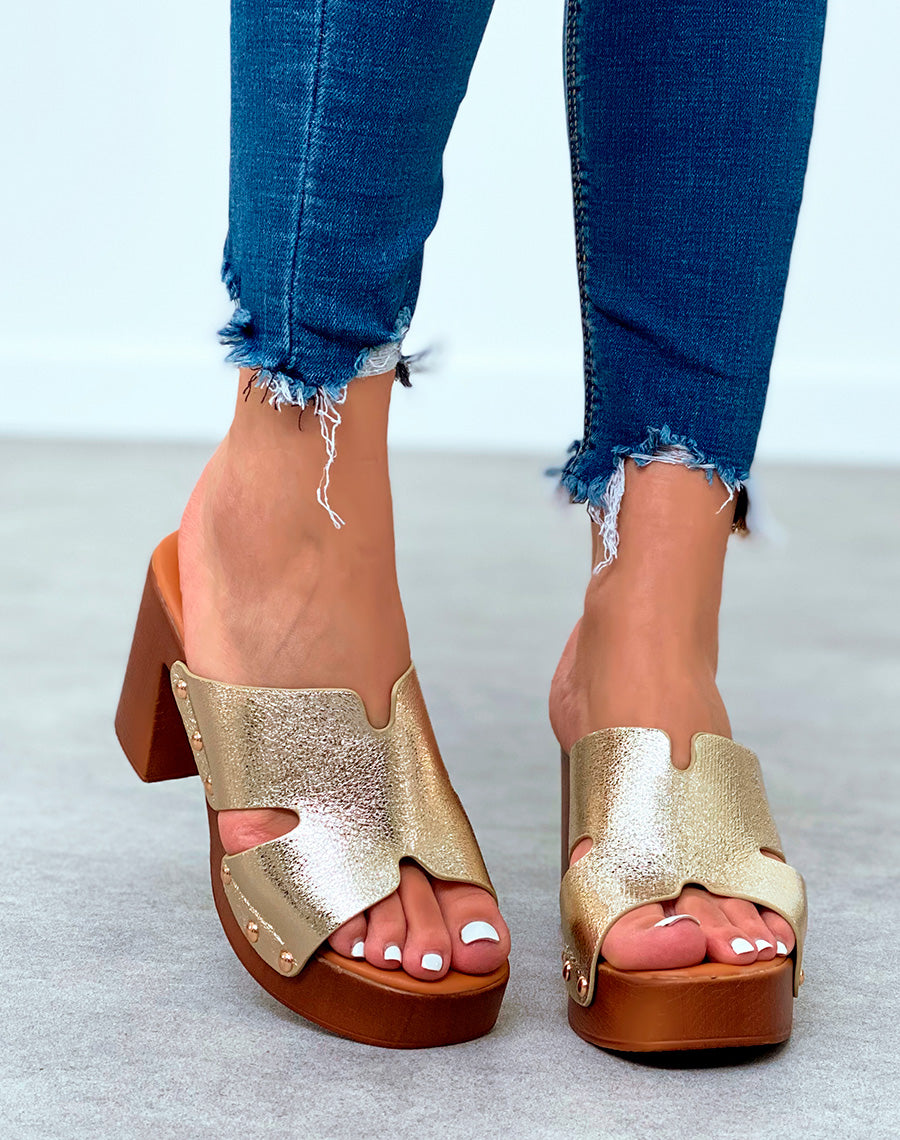 Mules sabots dorés à talons carrés pour femme
