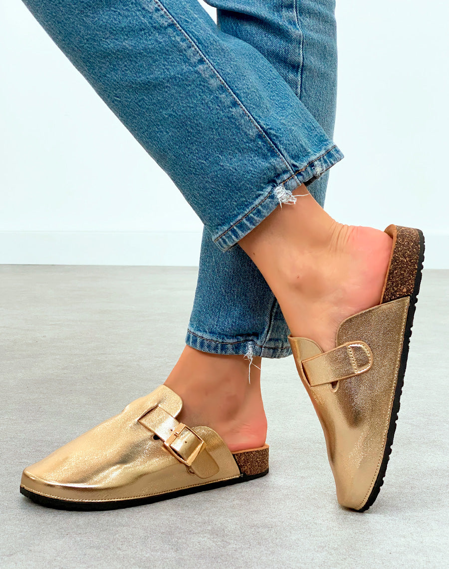 Mules Sabots Femme Dorées avec Boucle – Éclat Tendance pour Un Look Lumineux