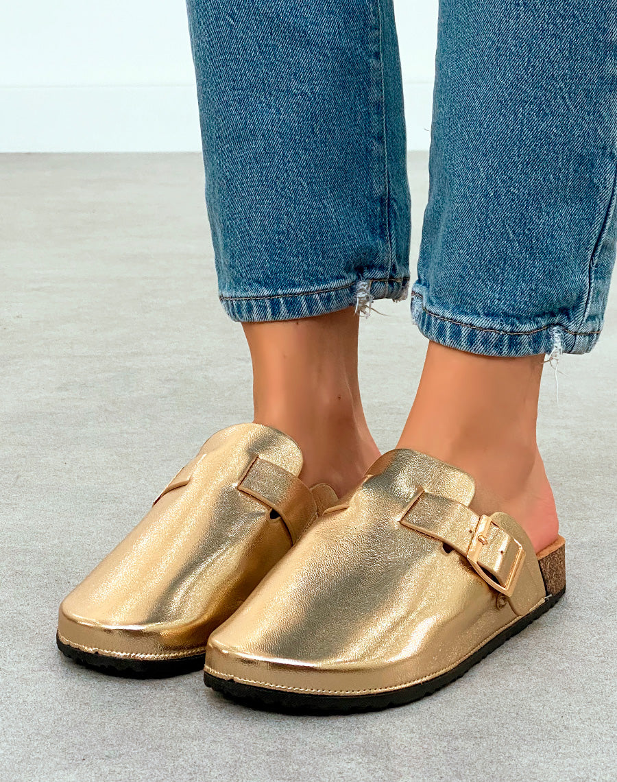 Mules Sabots Femme Dorées avec Boucle – Éclat Tendance pour Un Look Lumineux