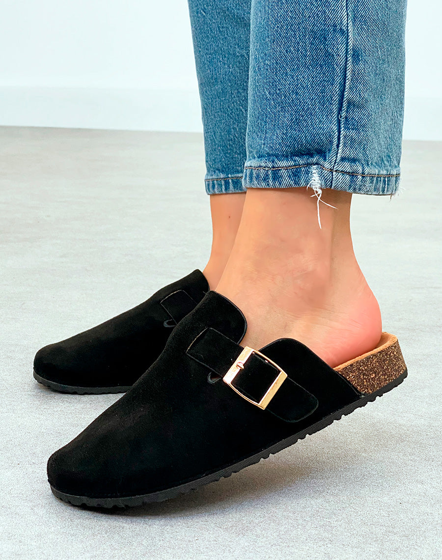 Mules Sabots Femme Noires Suédine avec Boucle Dorée – Confort Tendance