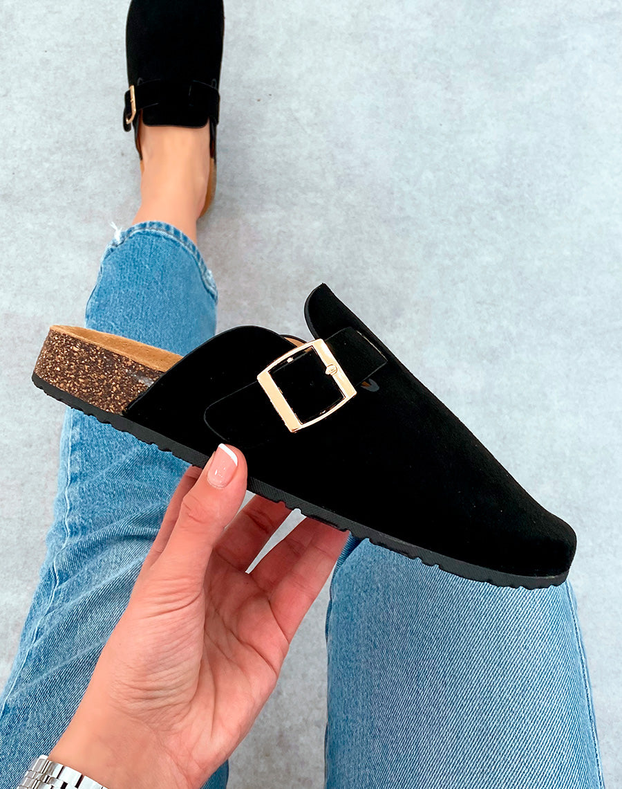 Mules Sabots Femme Noires Suédine avec Boucle Dorée – Confort Tendance