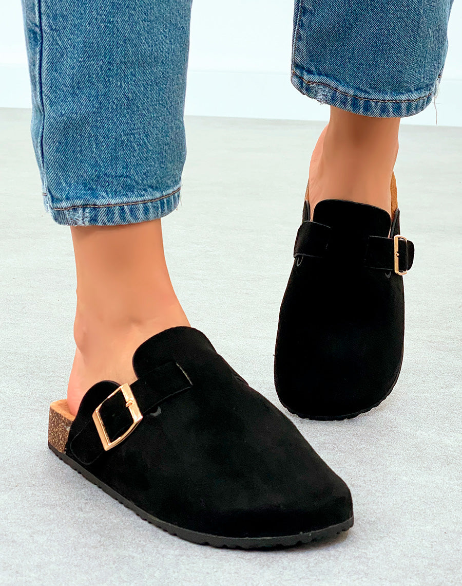 Mules Sabots Femme Noires Suédine avec Boucle Dorée – Confort Tendance