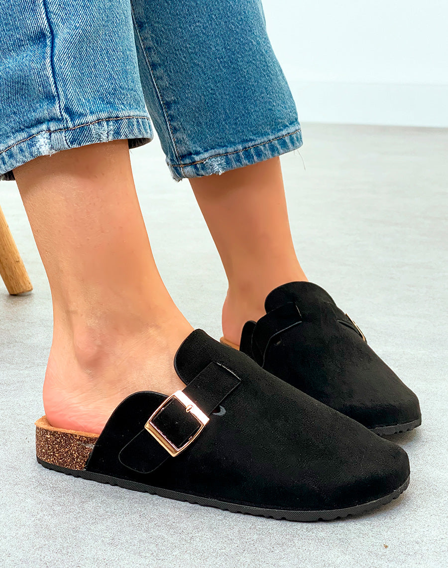 Mules Sabots Femme Noires Suédine avec Boucle Dorée – Confort Tendance