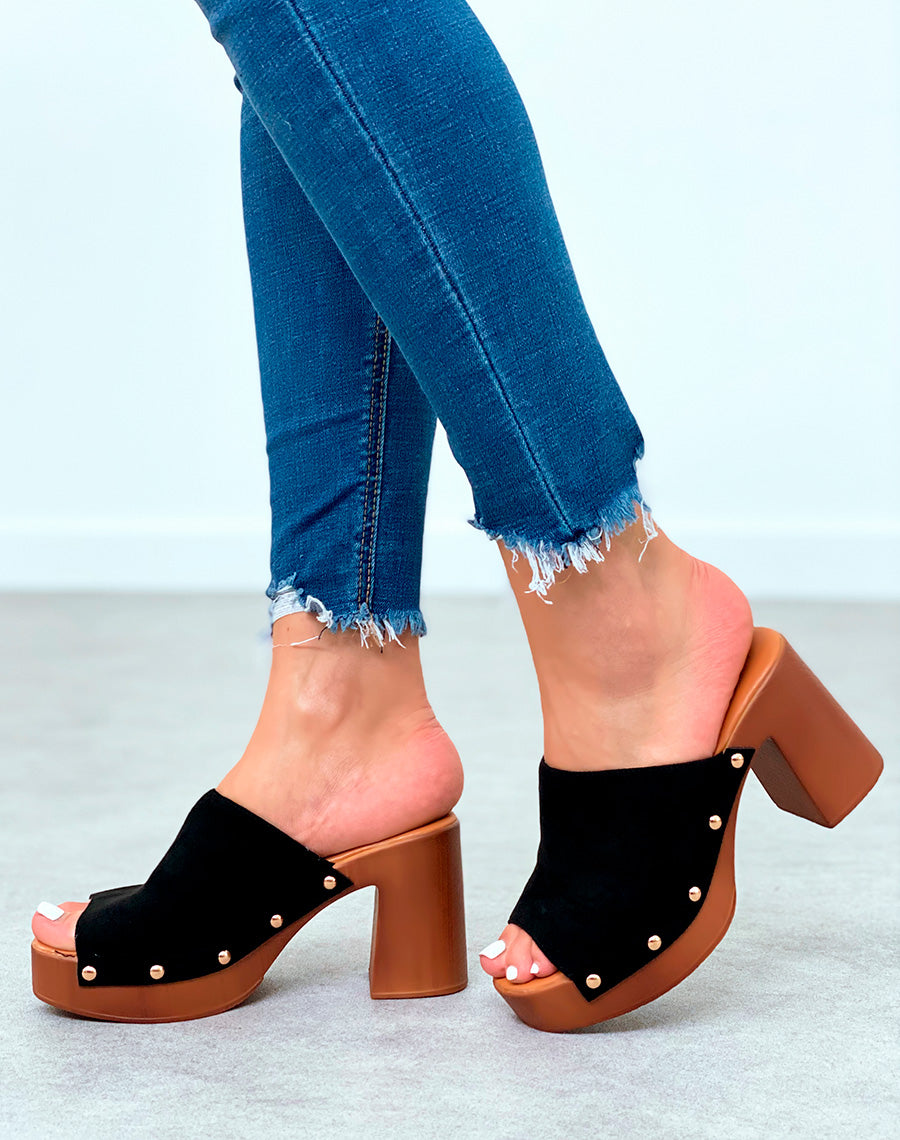 Mules sabots noires à talons carré en suédine