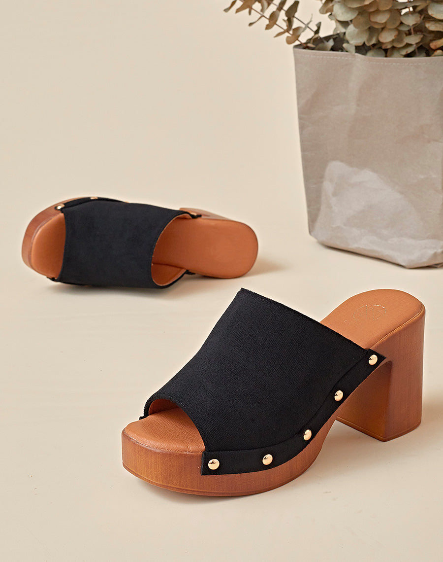Mules sabots noires à talons carré en suédine