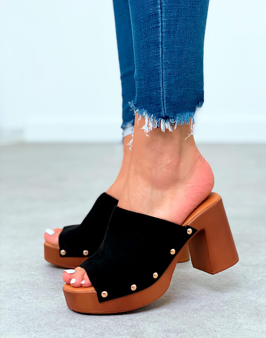 Mules sabots noires à talons carré en suédine