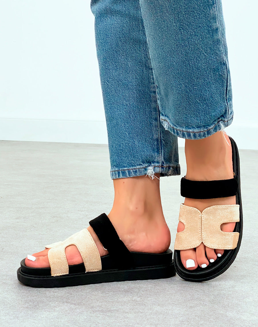 Mules Suédine Beige Modernes avec Bride en H et Fermeture Scratch – Confort et Style