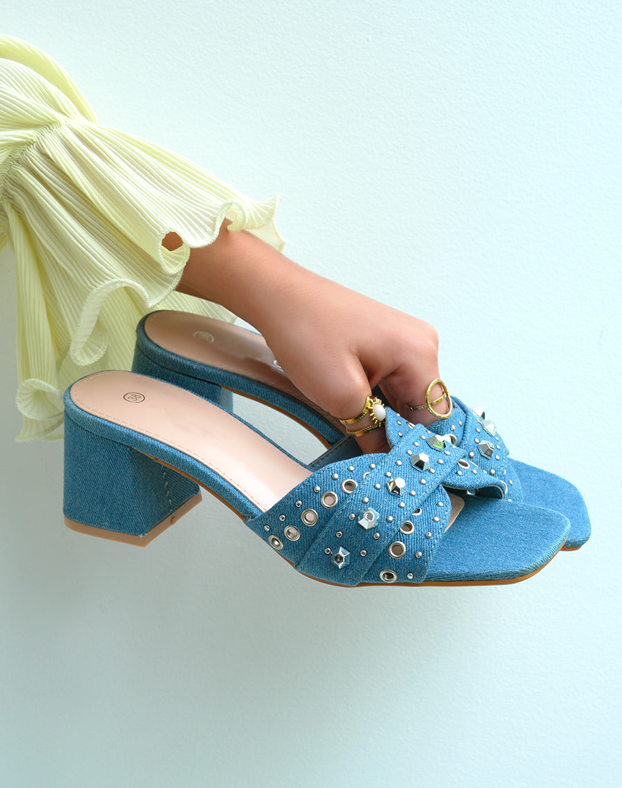 Mules à talons femme en jean avec clous argentés élégantes et confortables
