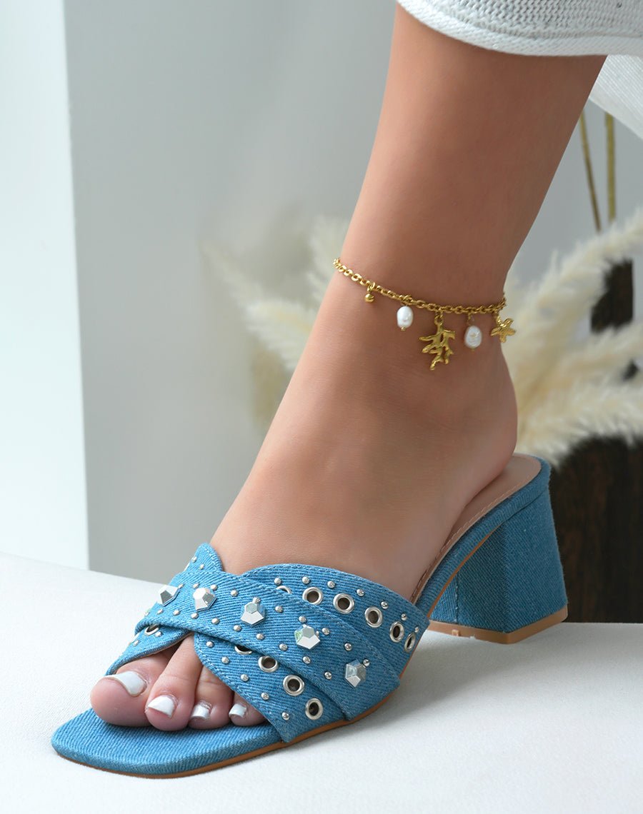 Mules à talons femme en jean avec clous argentés élégantes et confortables