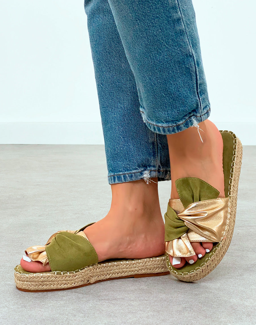 Mules Tendance en Suédine verte avec Semelle en Corde et Nœud Doré