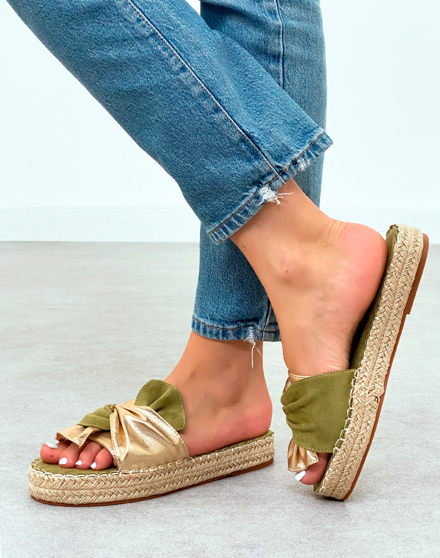 Mules Tendance en Suédine verte avec Semelle en Corde et Nœud Doré