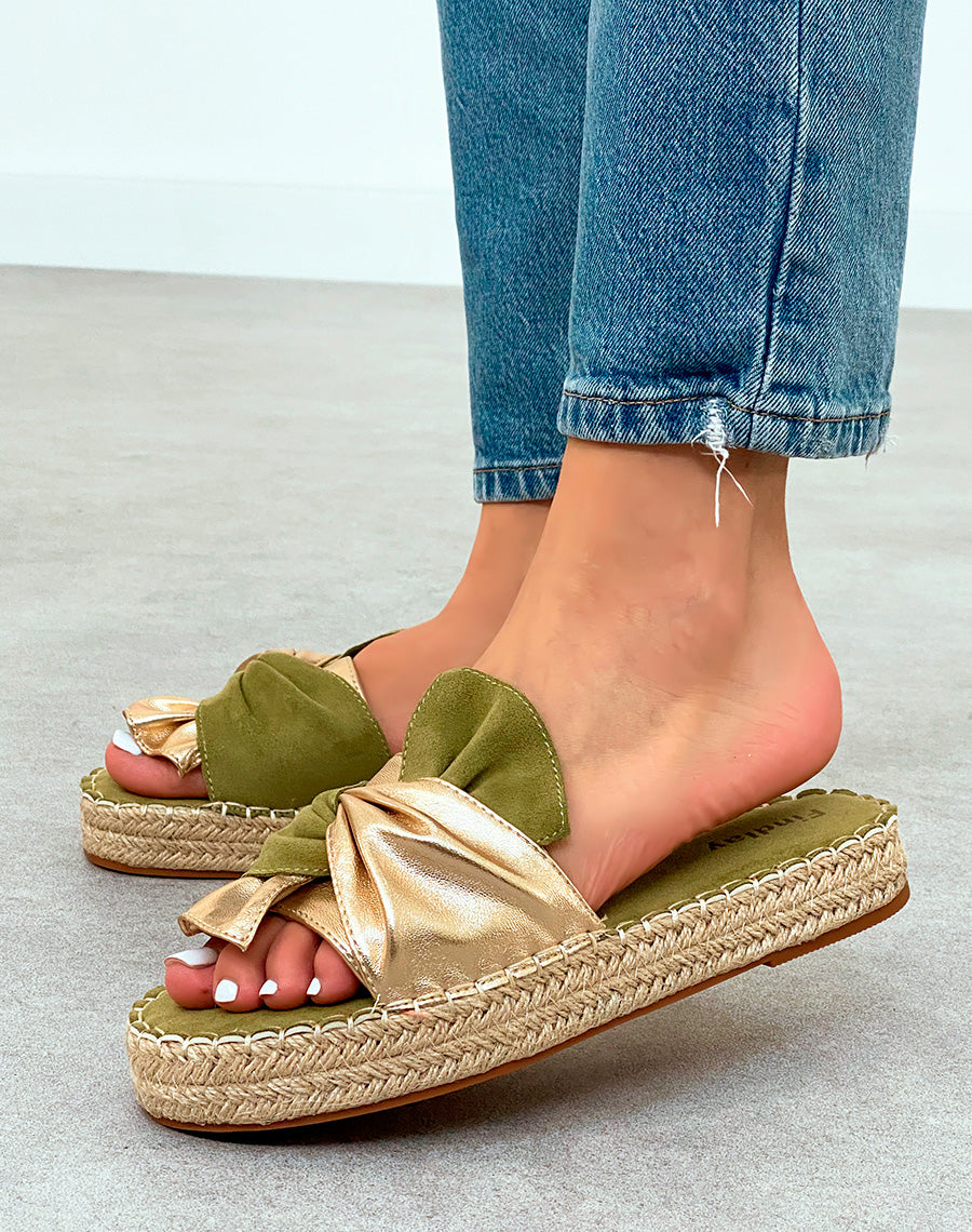 Mules Tendance en Suédine verte avec Semelle en Corde et Nœud Doré