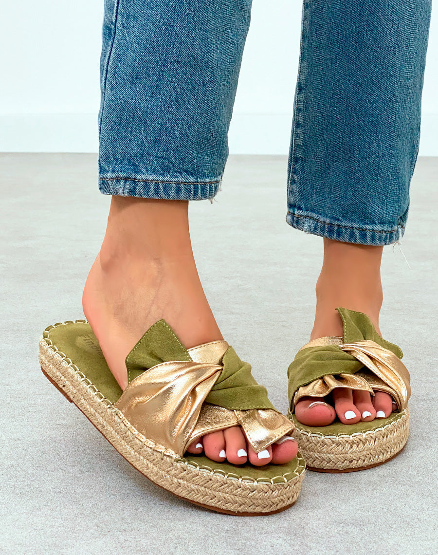 Mules Tendance en Suédine verte avec Semelle en Corde et Nœud Doré