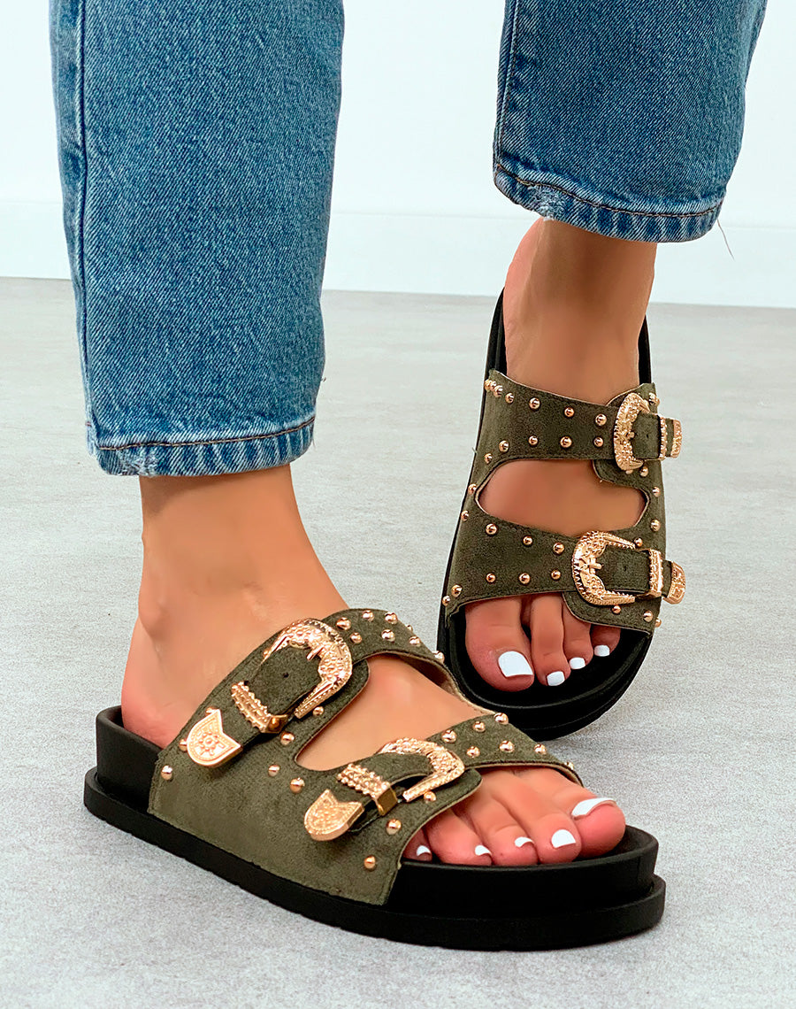 Mules Vert Kaki en Suédine avec Double Sangle Cloutée – Audace Tendance