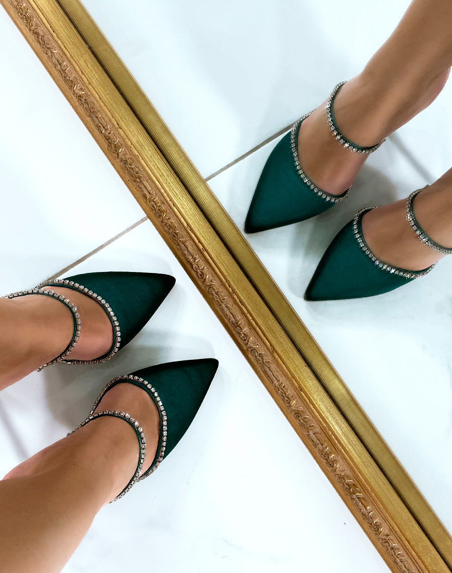 Mules vert émeraude style escarpin à strass