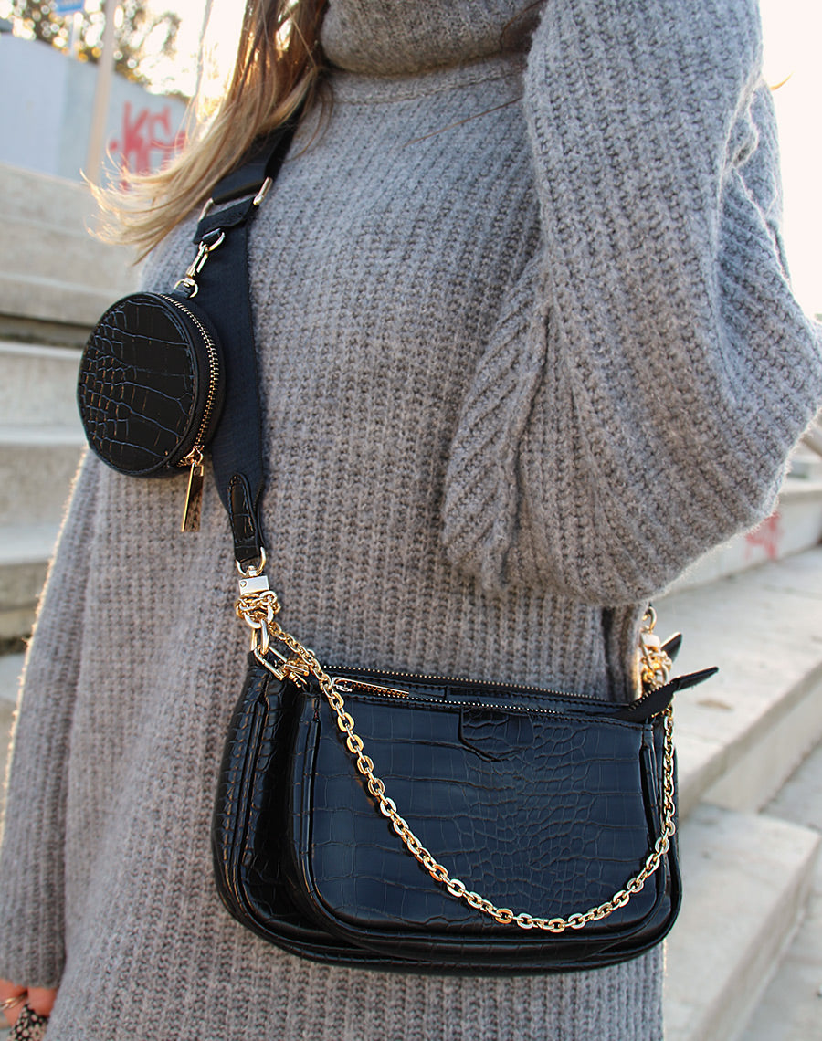 Multiples pochettes effet croco noir